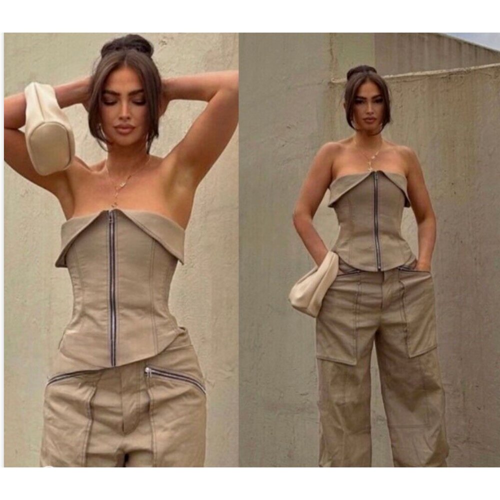 ZARA WOMAN TOPSTITCHED ZIPPER BUSTIER TOP TAUPE BROWN Khaki XS S M L NWT